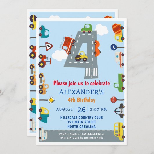 Vervoer 4e uitnodiging van de verjaardag van het v (Voorkant / Achterkant)