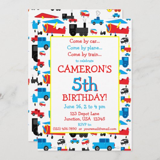 Vervoer van vliegtuigen, treinen en auto's op zate kaart (Voorkant / Achterkant)