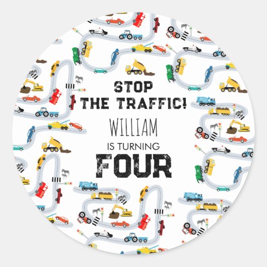 Vervoersvoertuigen Auto's Stoppen Verkeersverjaard Ronde Sticker (Voorkant)