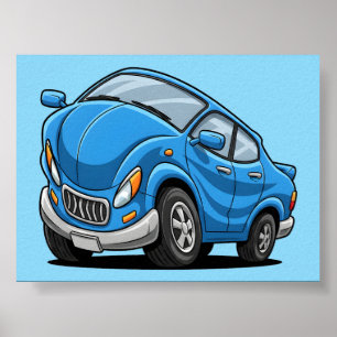 Vervormde Blauwe Cartoon Auto Poster