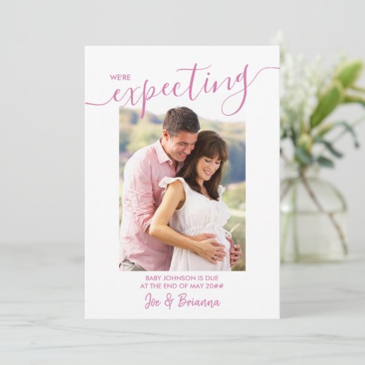 Verwacht foto Elegant Script roze marine zwangersc Aankondiging (Staand voorkant)