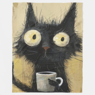 Verwarde Zwarte Kat met Koffie op Grunge Bruin Fleece Deken