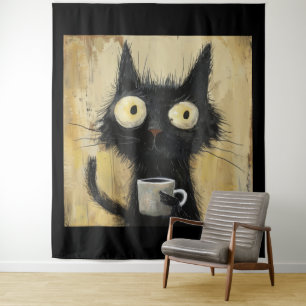 Verwarde Zwarte Kat met Koffie op Grunge Bruin Wandkleed