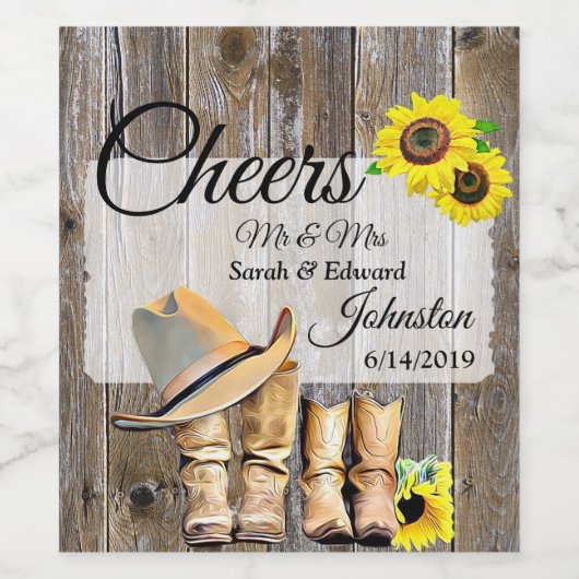 Verweerd hout en Zonnebloemen Bruiloft Wijn Etiket (Enkel label)