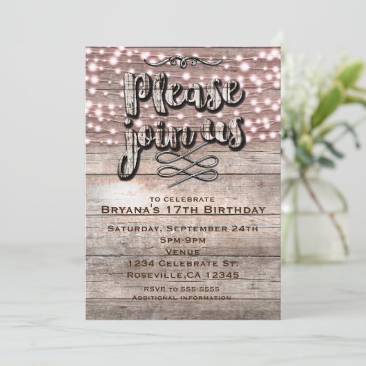 Verweerd Rustiek Hout & Lichten Elegante Uitnodigi Kaart (Staand voorkant)