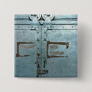 Verwerk voorzichtig met blauwe grijze industriële  vierkante button 5,1 cm