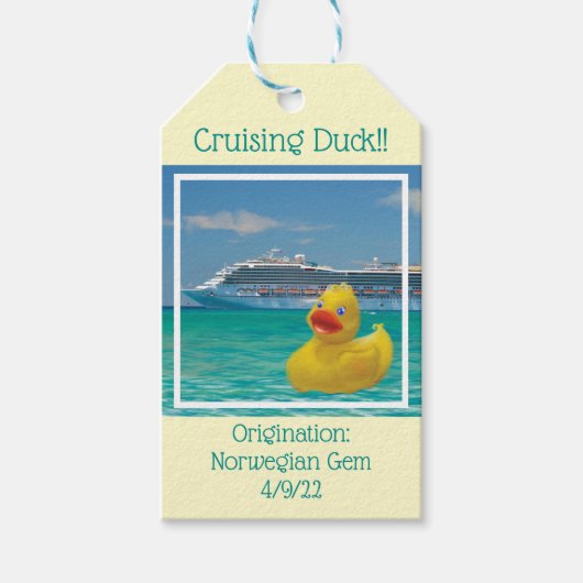Verwervende eend met cruiseschip cadeaulabel (Voorkant)