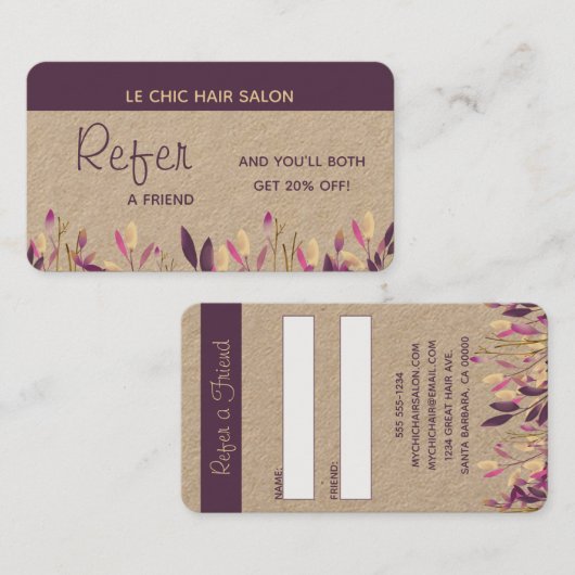 Verwijs een vriend Verwijzing Cliënt Floral Plum v Visitekaartje (Voorkant / Achterkant)