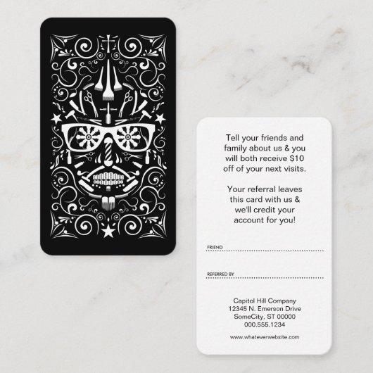 verwijzingsprogramma voor de schedel van barbersho aanbevelingskaartje (Voorkant / Achterkant)