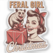 Verwilderd Meisje Kerst Opossum Xmas Trashy Retro Sticker (Voorkant)