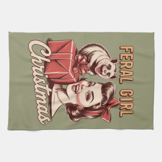 Verwilderd Meisje Kerst Opossum Xmas Trashy Retro Theedoek (Horizontaal)