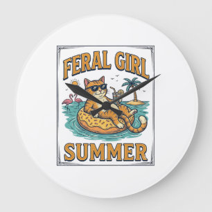 Verwilderd Meisje Zomer Kat Drijft Vintage T-shirt Grote Klok