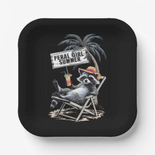 Verwilderde Meisje Zomer Strand Grappige Wasbeer Papieren Bordje