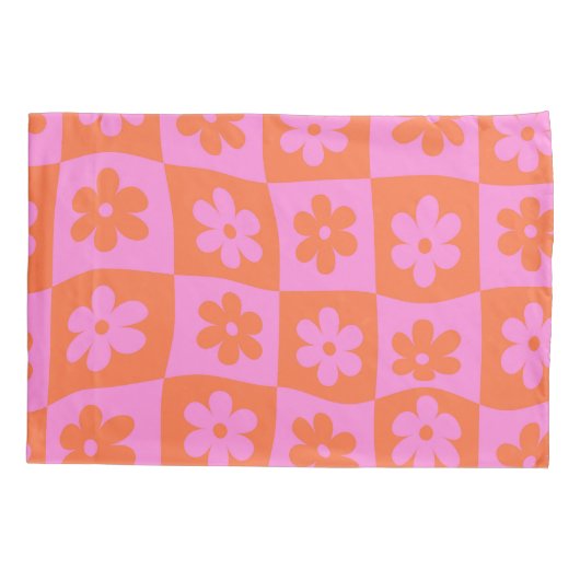 Verwrongen Retro Roze sinaasappel Bloemen op Check Kussensloop (Achterkant)