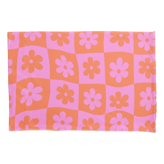 Verwrongen Retro Roze sinaasappel Bloemen op Check Kussensloop (Voorkant)