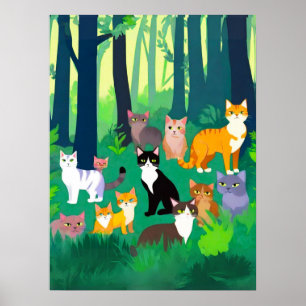 Verzamelen van katten in een schaduwrijke bos Glad Poster