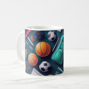 verzameling van diverse sportartikelen koffiemok
