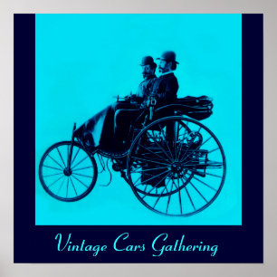 Verzameling vintage auto's, blauwe urquase poster