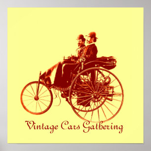 Verzameling vintage auto's, geel bruin poster