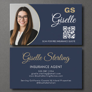 Verzekeringsagent Navy Blue Gold Foto QR-code Visitekaartje
