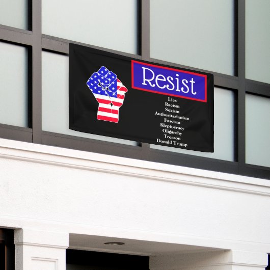 Verzet tegen Donald Trump, leugens, oligarchie, ra Spandoek (Buitenkant Gebouw)