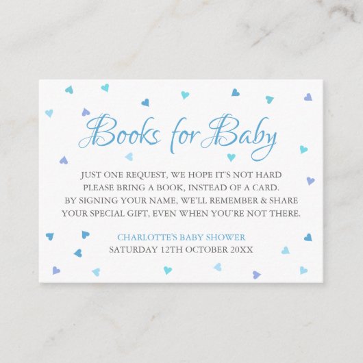 Verzoek om een boek voor babyfeestje met blauwe ha informatiekaartje (Voorkant)