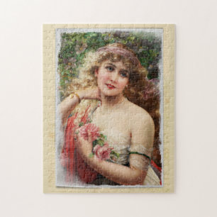 Verzorgde victoriaanse vrouw met roze rozen legpuzzel