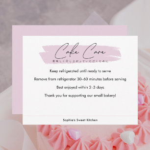 Verzorgingsinstructies voor cake Roze Minimalistis Bedankkaart