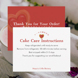 Verzorgingsinstructies voor Rustic Red Heart Cake Bedankkaart