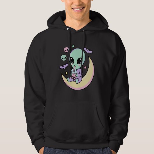 Veste À Capuche Alien Mignon Buvant du Bubble Tea Pastel Goth Lune (Devant)