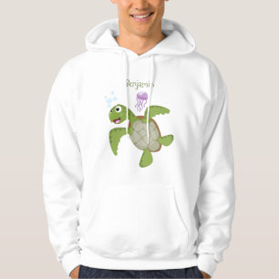 Veste À Capuche Caricature joyeuse de tortue de mer verte mignonne