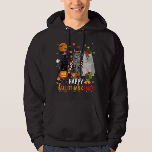 Veste À Capuche Cute Chat Halloween Joyeux Noël Joyeux Hallothan (Devant)