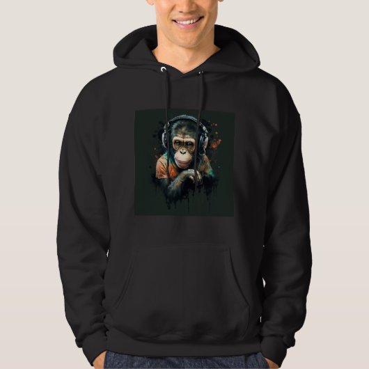 Veste À Capuche DJ Monkey Chimp avec casque, amoureux de musique. (Devant)