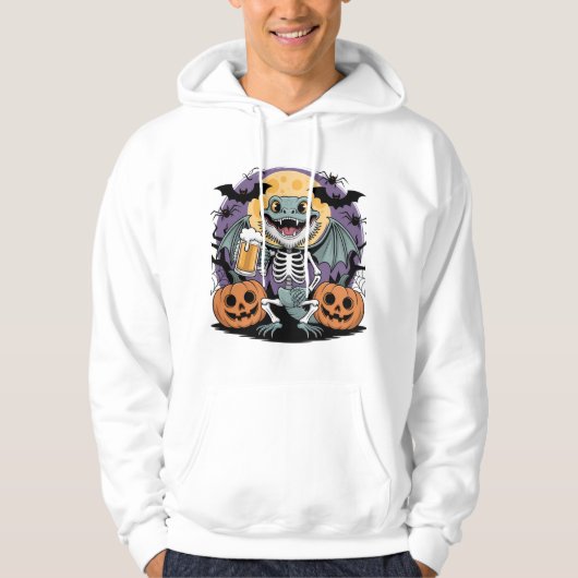 Veste À Capuche Drôle Halloween Lizard Skeleton avec bière (Devant)
