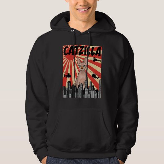 Veste À Capuche Drôle Retro Japonais Catzilla Sphynx Chat (Devant)
