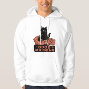 Veste À Capuche Linogravure Chat Noir Sarcasique Mème Bonjour