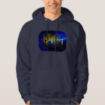 Veste À Capuche Lion Menorah en laiton de Chanukkah<br><div class="desc">Reproduction numérique 3D d'un menorah en laiton,  sur le thème du lion,  fabriqué en Israël vers 1950,  sur un arrière - plan fractal bleu. Montré avec des bougies éclairées.</div>