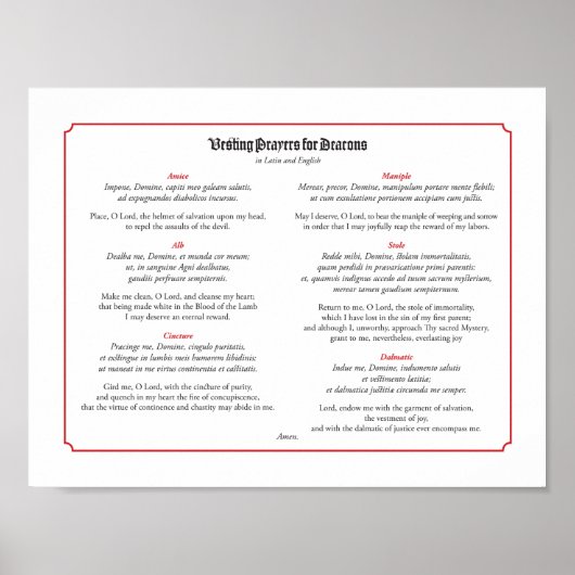 Vesting Prayers for Deacons in het Latijn en Engel Poster (Voorkant)