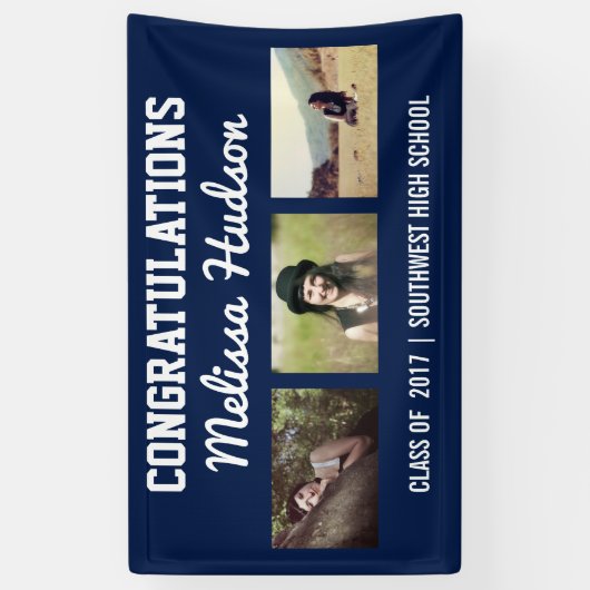 Vet Afstuderen Gefeliciteerd Drie Foto Blauw Spandoek (Verticaal)