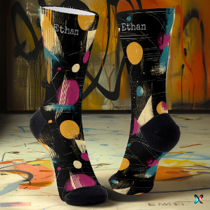 Vet Artistiek in Goud, Blauwgroen en Magenta op Zw Sokken