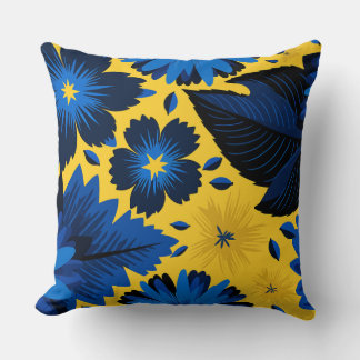 Vet Blauw Bloemen op Levendige Gele Achtergrond Kussen