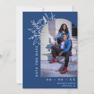 Vet Blauw Botanische Bloemenboog Foto Bruiloft Save The Date