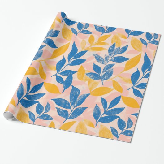 Vet Blauw en Geel Blad lithografie Patroon Cadeaupapier (Uitgerold)