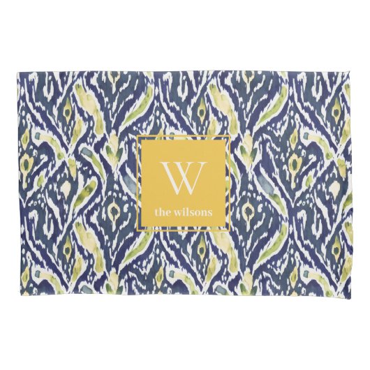 Vet Blauw Geel Abstract Classy Ikat Monogram Kussensloop (Voorkant)