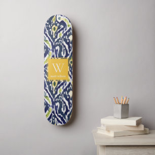 Vet Blauw Geel Abstract Classy Ikat Monogram Skateboard