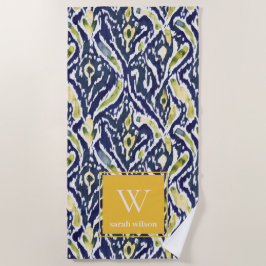 Vet Blauw Geel Abstract Classy Ikat Monogram Strandlaken