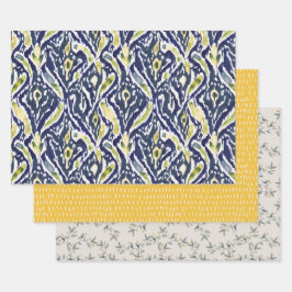 Vet Blauw Geel Abstract Classy Ikat Pattern Inpakpapier Vel
