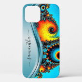 Vet Blauw Metallic Handgeschreven Monogram Case-Mate iPhone Case (Achterkant)