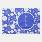 Vet Blauw Witte Bloemen Floral Pattern genaamd Theedoek (Horizontaal)