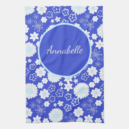 Vet Blauw Witte Bloemen Floral Pattern genaamd Theedoek (Verticaal)